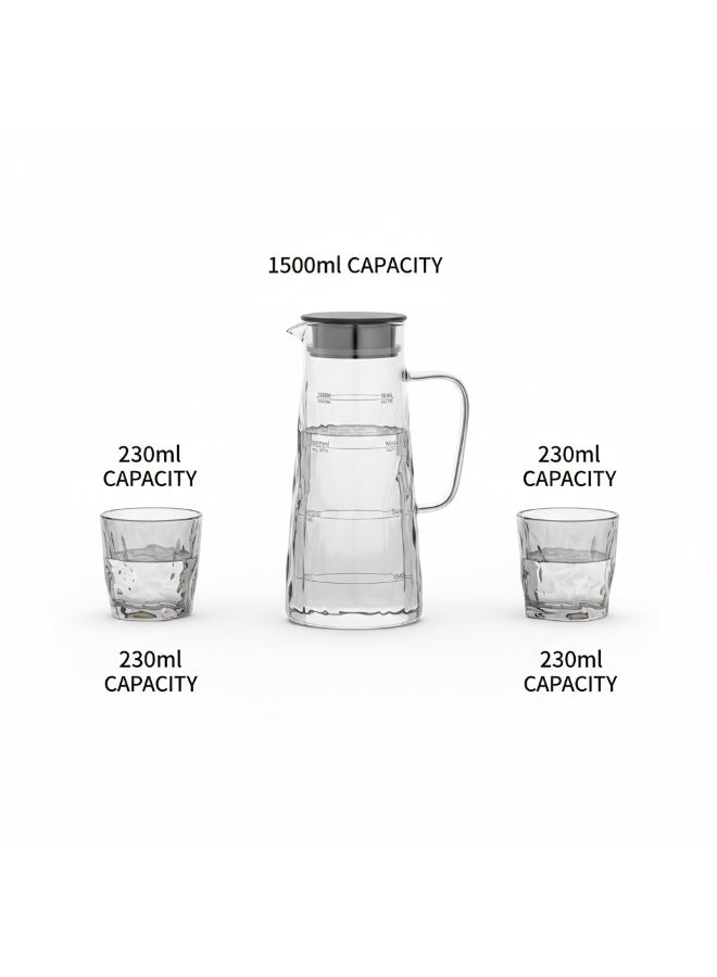Luxury Glass Water Set with Modern Water Ripple Design – 5 Pieces – 1500ml High Borosilicate Heat-Resistant Glass Pitcher with 4 Thick Glass Cups 230ml – Leak-Proof Silicone & PP Lid – Minimalist Matte Elegant Style – Cold and Heat Resistant – Perfect for Water, Juice, Detox Drinks & Daily Home Use - Image 3